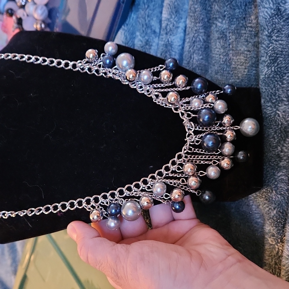 Blue & Silver Dangle Beaded Necklace with 3 Layer Matching Bracelet and Earrings